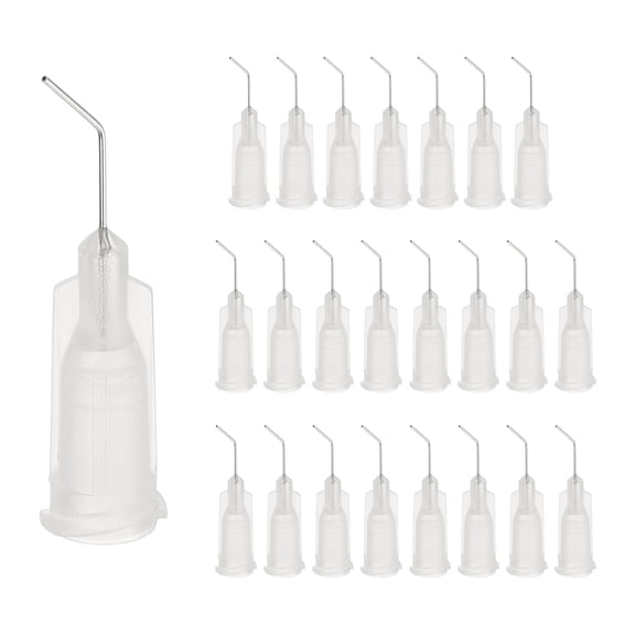 24 Pack Blunt Tip Dispensing Needles, 27Ga Gauge Stainless Steel 45 Degrees Bent Dispensing Tips with Luer Lock 0.5" End Angled Blunt Dispenser Needle, Transparent