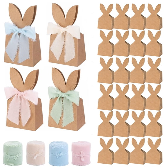 24 Pack Boho Bow Easter Bunny Party Favor Bags DIY Bunny Gift Boxes with 4 Roll Ribbon Kraft Paper Rabbit Ears Gift Bags Easter Goodie Bags Easter Treat Bags Farmhouse Easter Bags Easter Gift Bags