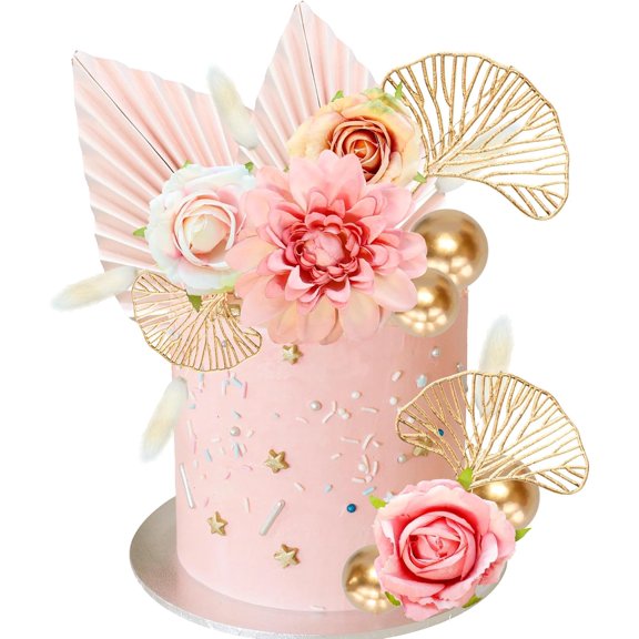 24 Pack Boho Flower Gold Leaves Cake Topper Foam Ball Cake Decorations for Wedding Baby Shower Birthday Party Supplies Pink