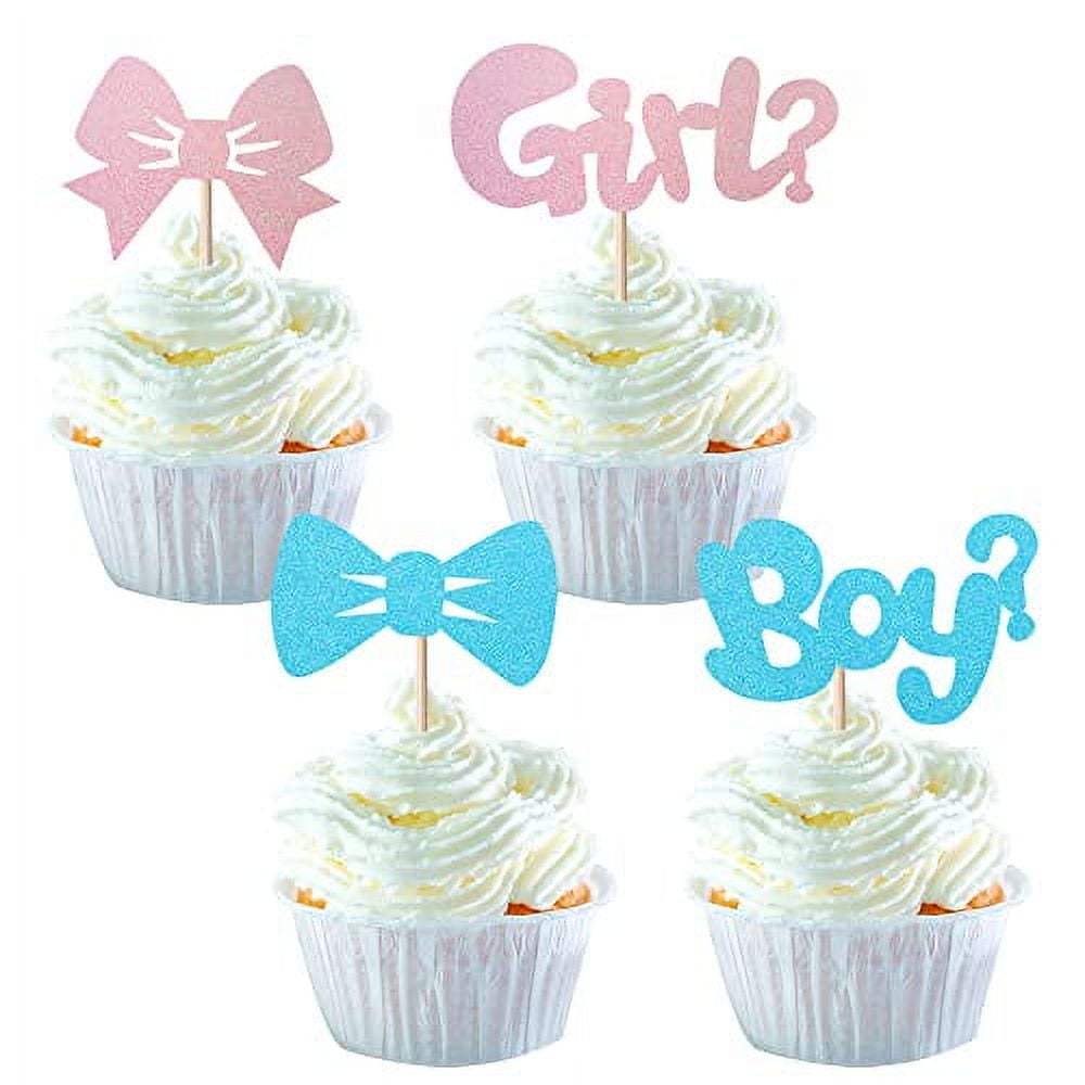 24 Pack Boy or Girl Cupcake Toppers Gender Reveal Cupcake Picks Glitter