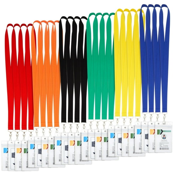 24 Pack Bulk Colored Lanyards for ID Badges, Hall Pass, Field Trips, Conference Name Tags, Cruise Lanyards with Clear Badge Holder (6 Colors, 36 Inches)