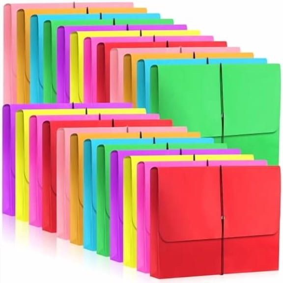 24 Pack Bulk Expanding File Folder Pocket Wallet with Flap and Cord Closure, 2" Expansion, Letter Size, Assorted Colors File Organizer for Office School Classroom Document Storage$$Office