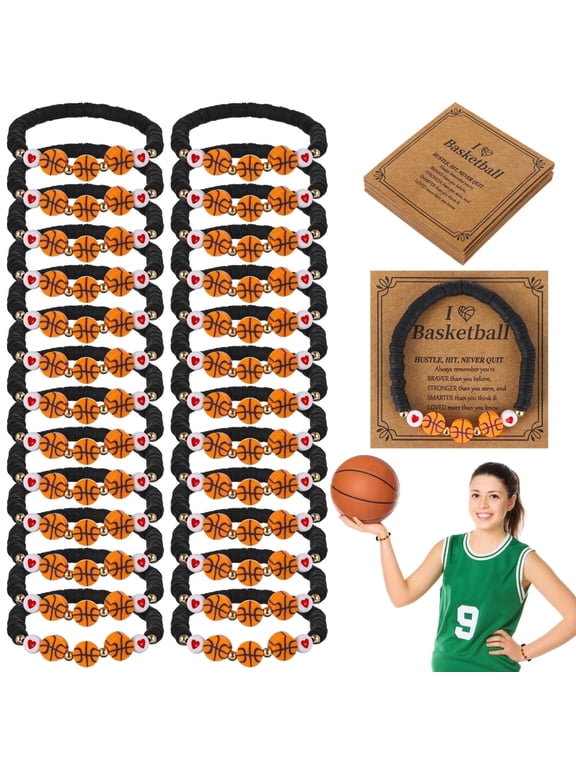24 Pack Bulk Inspirational Basketball Bracelets - Polymer Clay + Nylon Bracelets with Motivational Cards | Adjustable Sports Wristbands for Team Gifts, Players & Fans