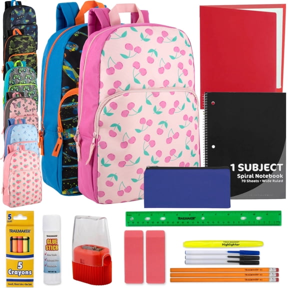 24 Pack Bulk Wholesale 17" Backpacks with 20 Piece Stationary Supply Kits Each in Fun Unisex Prints