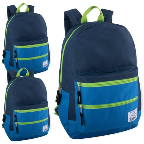 24 Pack of Bulk Wholesale 17 Inch Multi Pocket Backpacks with 2 Front Zippered Accessory Pockets and Large Main Compartment for Travel and Commuting in Navy Blue