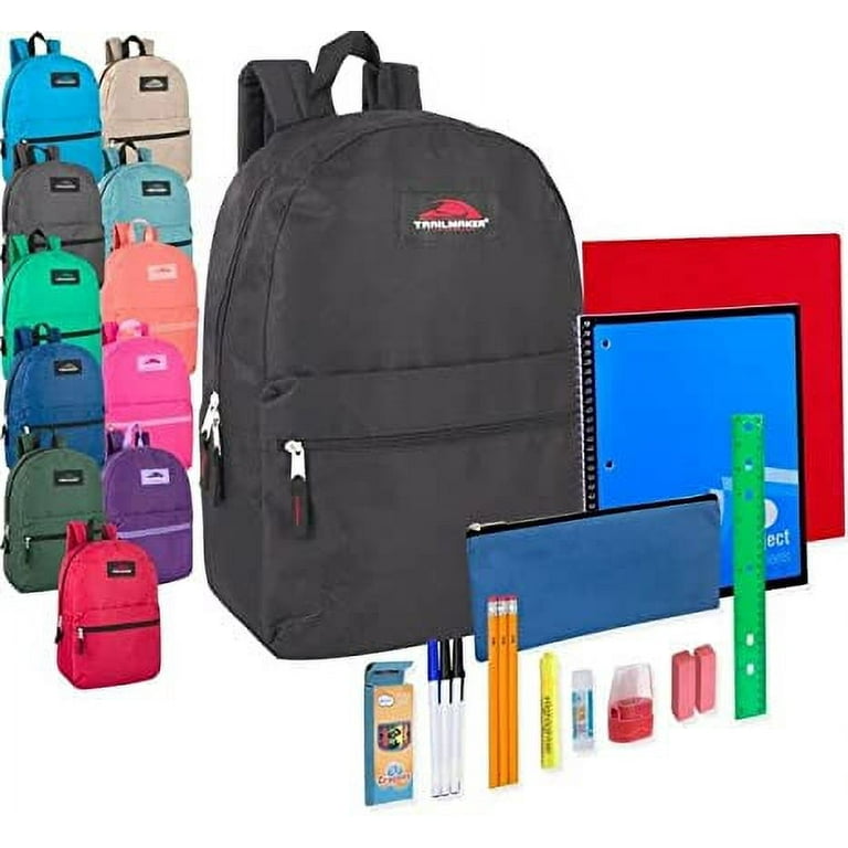 24 Pack of Bulk Wholesale 17”L Classic Assorted Color Backpacks with 20  Piece School Supply Kits Containing 1 Notebook, 1 Folder, 3 Pencils, 3  Pens, 1 Pencil Sharpener, 2 Erasers & More! 