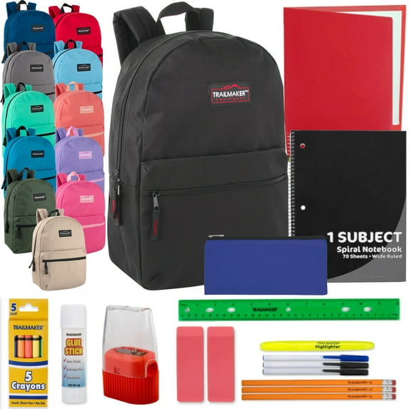 24 Pack of Bulk Wholesale 17 Inch Backpacks with 20 Piece Stationary Kits Containing 1 Notebook, 1 Folder, 3 Pencils, 3 Pens, 1 Pencil Sharpener, 2 Erasers & More!