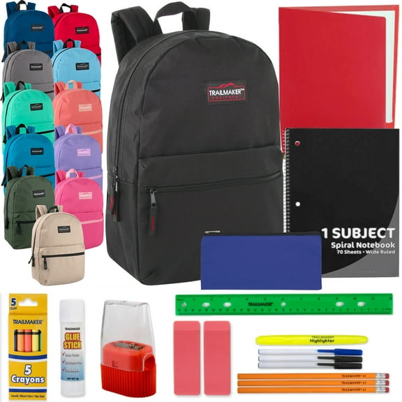 24 Pack of Bulk Wholesale 17 Inch Backpacks with 20 Piece Stationary Kits Containing 1 Notebook, 1 Folder, 3 Pencils, 3 Pens, 1 Pencil Sharpener, 2 Erasers & More!