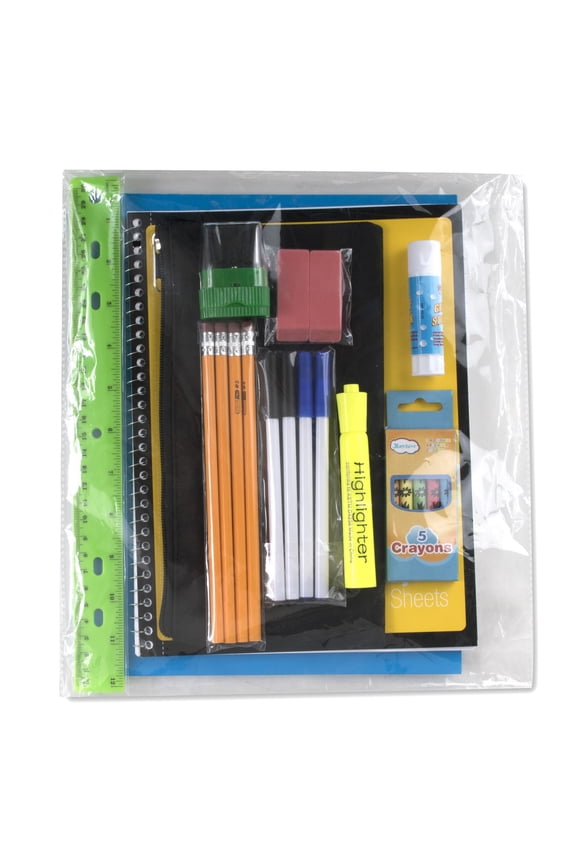 24 Pack of Bulk Wholesale 17”L Classic Traditional Color Backpacks with 20 Piece Stationary Kits Containing 1 Notebook, 1 Folder, 3 Pencils, 3 Pens, 1 Pencil Sharpener, 2 Erasers & More!