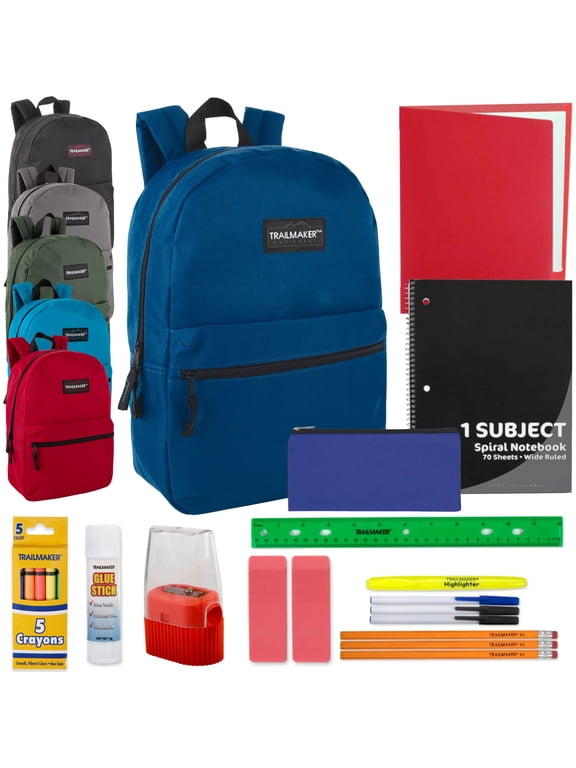 24 Pack of Bulk Wholesale 17”L Classic Traditional Color Backpacks with 20 Piece Stationary Kits Containing 1 Notebook, 1 Folder, 3 Pencils, 3 Pens, 1 Pencil Sharpener, 2 Erasers & More!