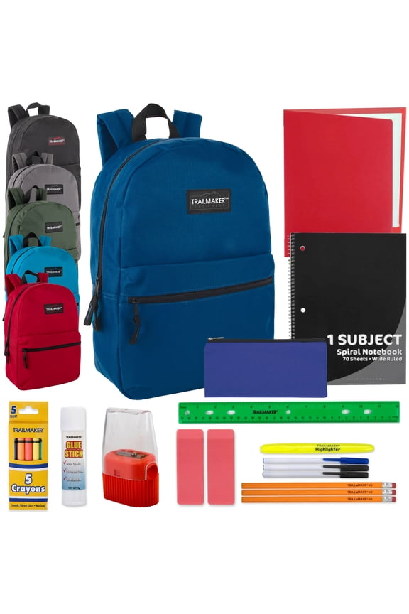 24 Pack of Bulk Wholesale 17”L Classic Traditional Color Backpacks with 20 Piece Stationary Kits Containing 1 Notebook, 1 Folder, 3 Pencils, 3 Pens, 1 Pencil Sharpener, 2 Erasers & More!