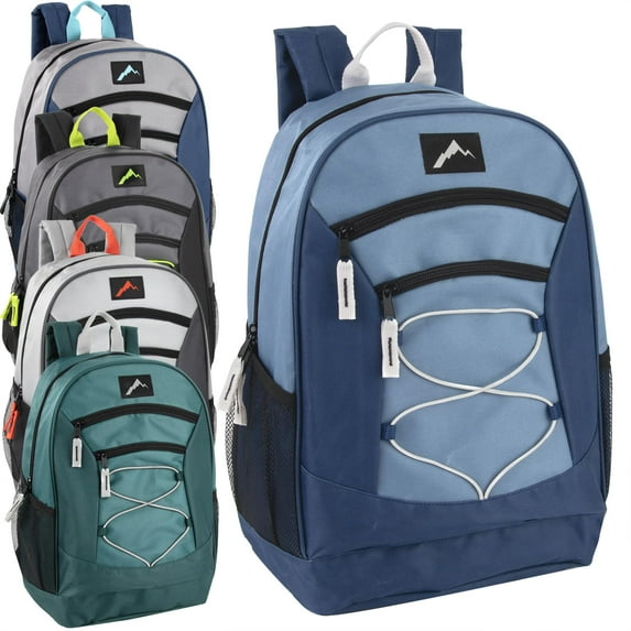 24 pack 18 Inch Multipocket Dual Zipper Bungee Cord Backpacks Gym, Travel, Commuting in Blues & Grays Pack