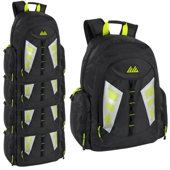 24 Pack of Bulk Wholesale 19"L Waterproof Safety Reflective Multi Pocket Dual Zipper Laptop Backpacks with Padded Adjustable Shoulder Straps and Back in Black, Silver and Neon Green