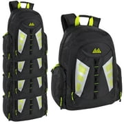 24 Pack of Bulk Wholesale 19"L Waterproof Safety Reflective Multi Pocket Dual Zipper Laptop Backpacks with Padded Adjustable Shoulder Straps and Back in Black, Silver and Neon Green