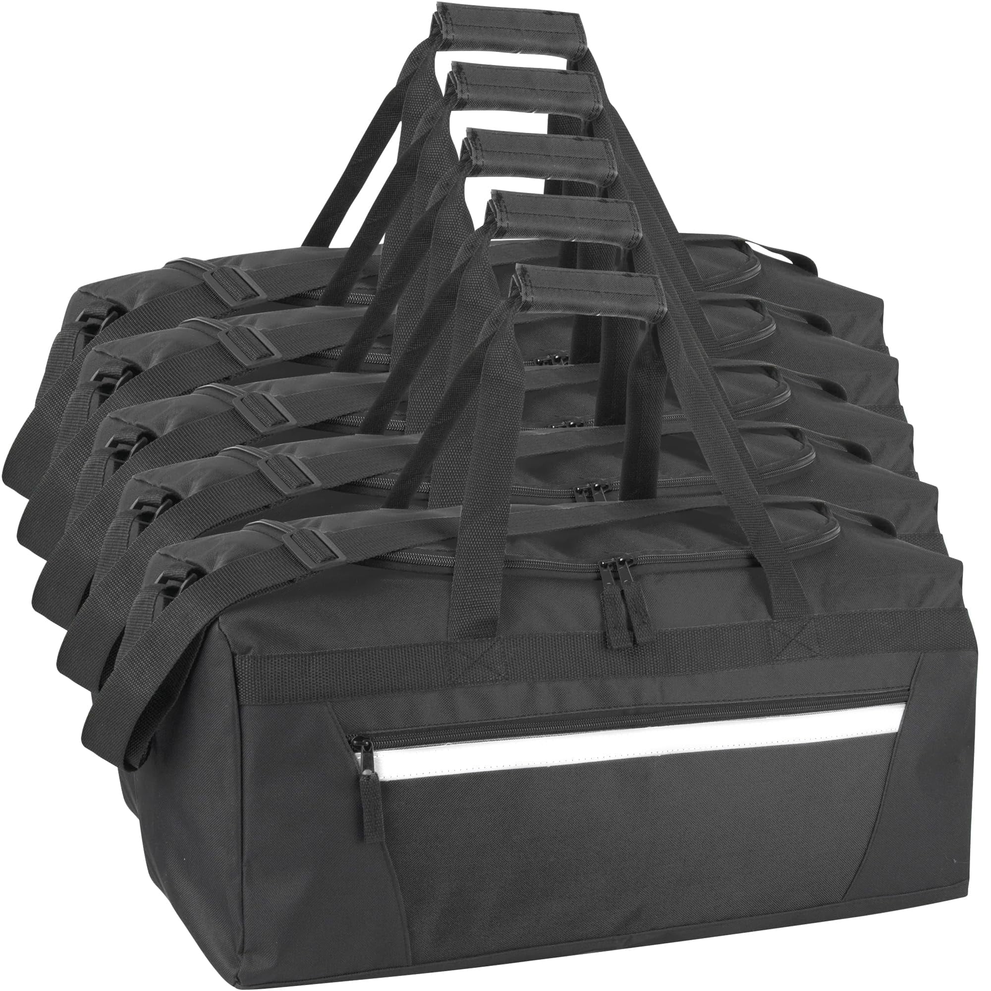 24 Pack of Bulk Wholesale 40 Liter 22 Inch Duffle Bags with Reflective Stripe, Front Accessory Pocket, Velcro Handles and Luggage Strap for Sports, Gym & Traveling in Black