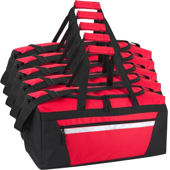 24 Pack of Bulk Wholesale 40 Liter 22 Inch Duffle Bags with Reflective Stripe, Front Accessory Pocket, Velcro Handles and Luggage Strap for Sports, Gym & Traveling in Red