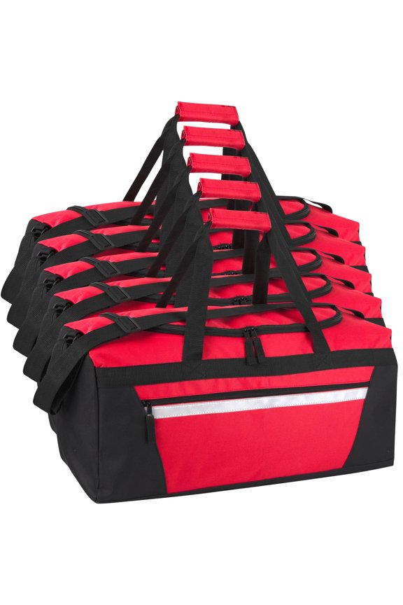 24 Pack of Bulk Wholesale 40 Liter 22 Inch Duffle Bags with Reflective Stripe, Front Accessory Pocket, Velcro Handles and Luggage Strap for Sports, Gym & Traveling in Red