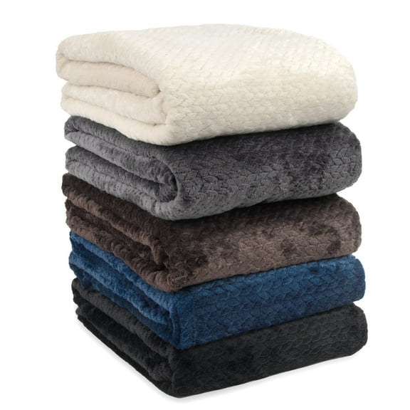 24 pack Trail maker 60”L x 50”W Chenille 250 GSM Throw Blankets in Black, Gray, Navy Blue, Beige and Brown