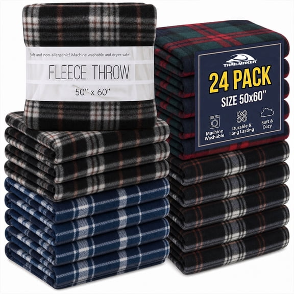 24 pack Trail maker 60”L x 50”W Plaid Color Fleece Throw Blankets in Assorted Plaid