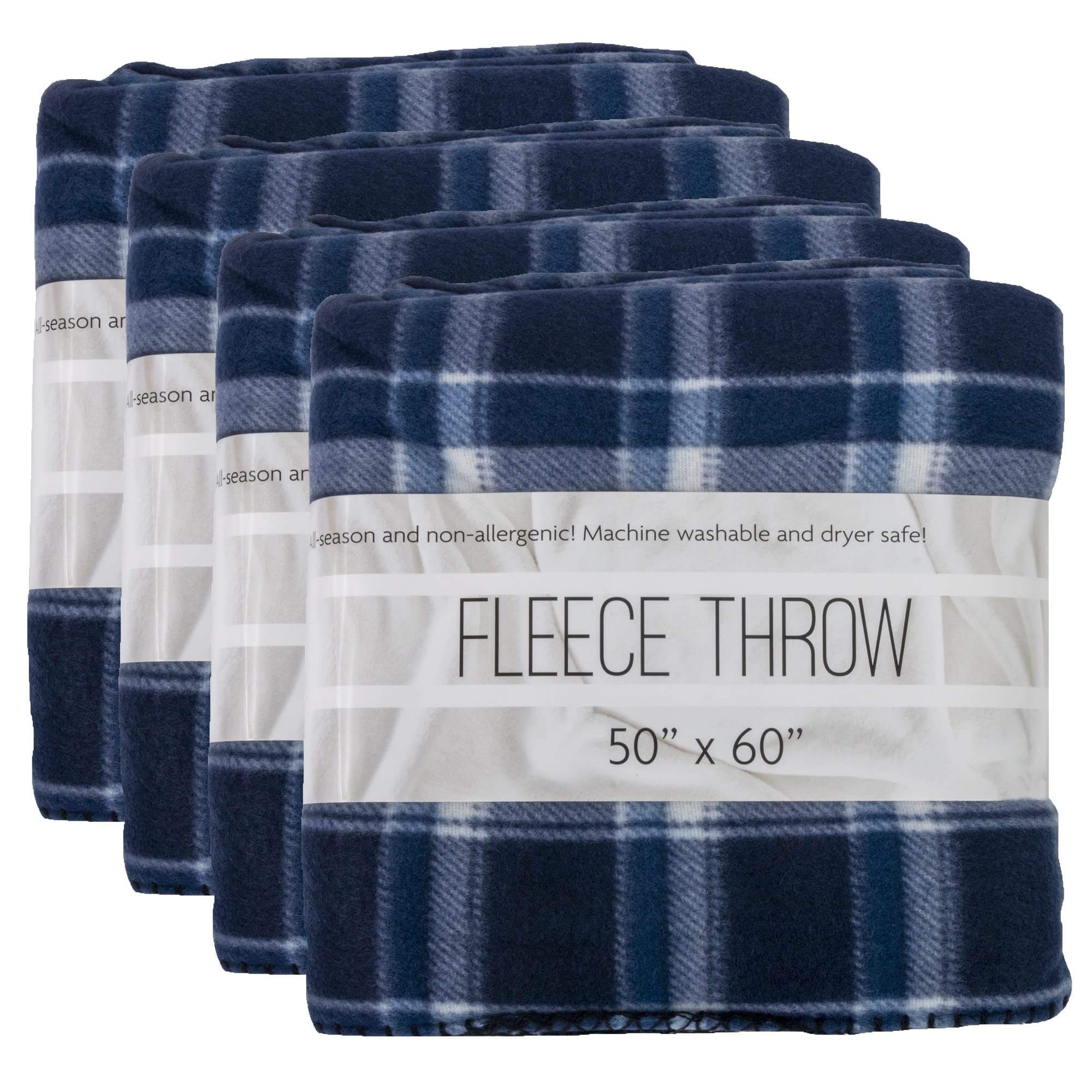 24 Pack of Bulk Wholesale 60”L x 50”W Plaid Color Fleece Throw Blankets for Fall, Winter, Spring, Summer, Men, Women, Children, Homeless, Charity Donation Drives in Blue Plaid