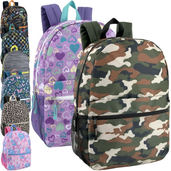 24 Pack of Bulk Wholesale Boys & Girls Fun Printed Backpacks for Kids, Students, School, Classrooms, Camp, Travel, Commuting and Recreation in Mixed Boys & Girls Pack