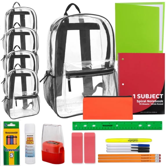 24 Pack of Bulk Wholesale Clear Heavy Duty Stadium Approved Backpacks with Side Pockets and 20 Piece Stationary Kits Containing Pens, Pencils & More in Black Pack
