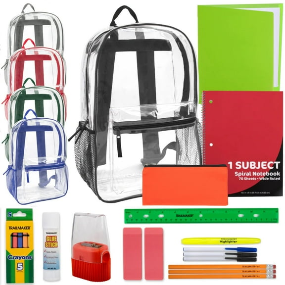 24 Pack of Bulk Wholesale Clear Heavy Duty Stadium Approved Backpacks with Side Pockets and 20 Piece Stationary Kit for Students and Classrooms in Multicolor Pack
