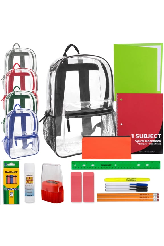 24 Pack of Bulk Wholesale Clear Heavy Duty Stadium Approved Backpacks with Side Pockets and 20 Piece Stationary Kit for Students and Classrooms in Multicolor Pack