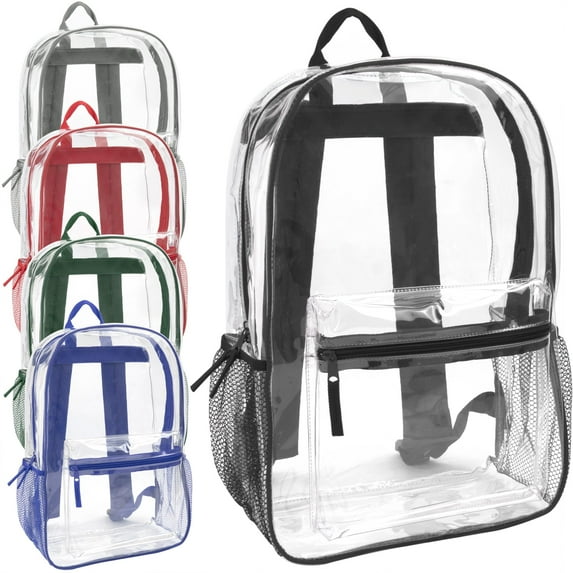 24 Pack of Bulk Wholesale Heavy Duty 17 Inch Clear Transparent Color Trimmed Stadium Approved Backpacks in Assorted Pack