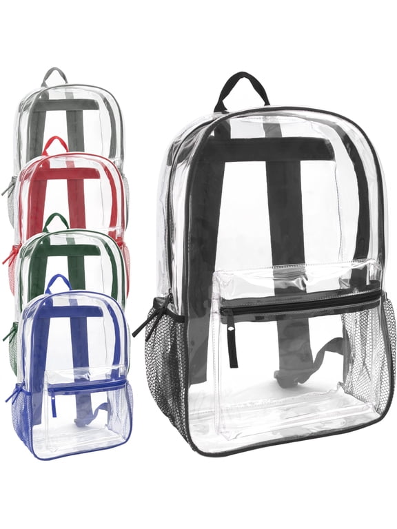 24 Pack of Bulk Wholesale Heavy Duty 17 Inch Clear Transparent Color Trimmed Stadium Approved Backpacks in Assorted Pack