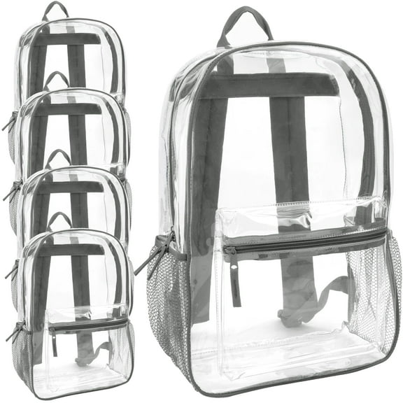 24 Pack of Bulk Wholesale Heavy Duty 17 Inch Clear Transparent Color Trimmed Stadium Approved Backpacks in Gray