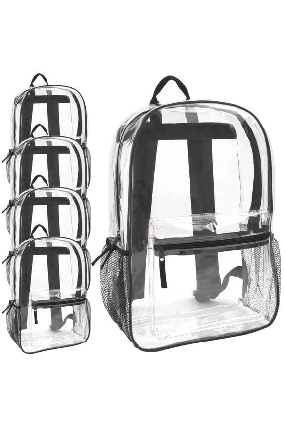 24 Pack of Bulk Wholesale Heavy Duty 17 Inch Clear Transparent Color Trimmed Stadium Approved Backpacks in Black