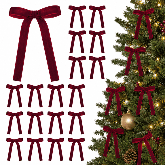 24 Pack Burgundy Velvet Christmas Bows, 5 X 7 Inch Vintage Ribbon Bows with 1 Inch Wide Ribbon for Christmas Tree, Wreath, Garland, Gifts, Wedding Decor