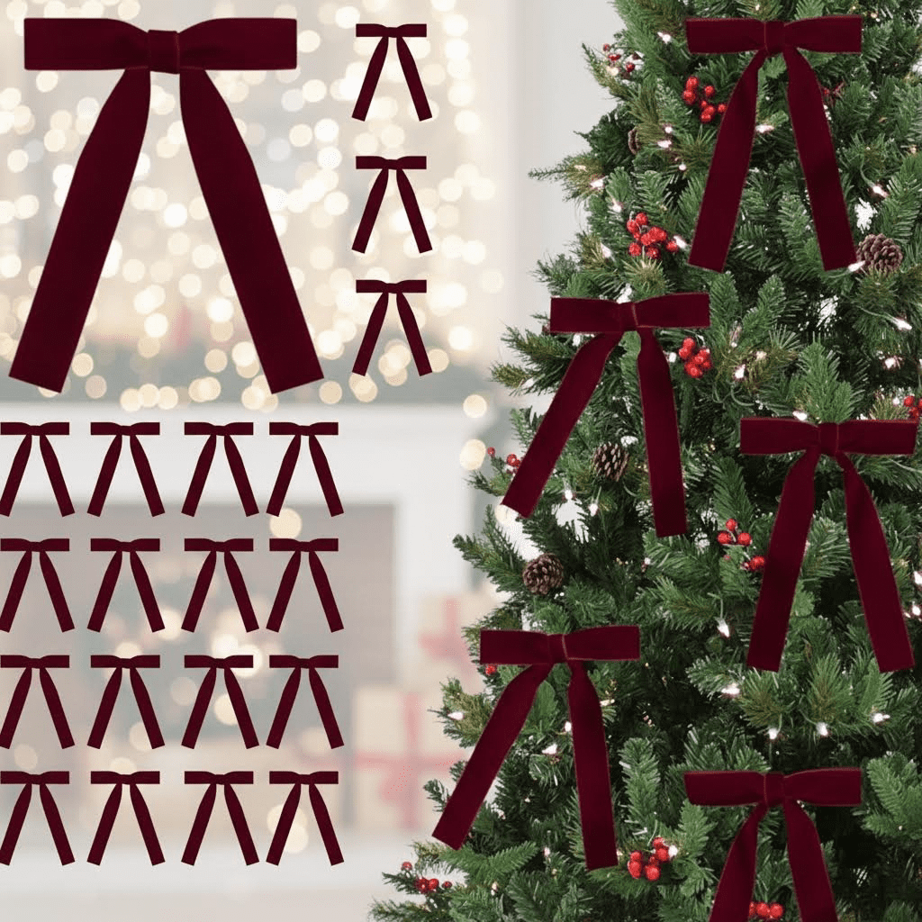 24-Pack Burgundy Velvet Christmas Bows for Tree Ornaments, Garland, Wreath, and Rustic Holiday Crafts - Indoor and Outdoor Xmas Decorations