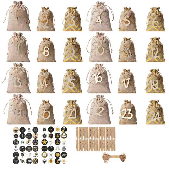 24-Pack Burlap Drawstring Bags with Numbered 1 to 24 and 3 Assorted Patterns, Burlap Color, for Diy Christmas Countdown Decoration Kit