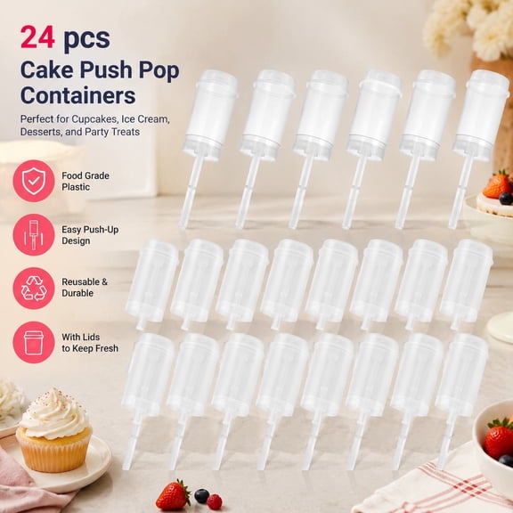 24 Pack Cake Push Pop Containers with Lids, Reusable Plastic Push-Up Pop Shooter for Cupcakes, Ice Cream, Desserts, and Party Treats