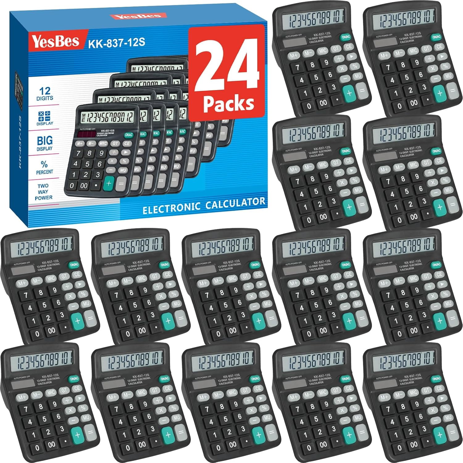 24 Pack Calculator Bulk, 12 Digits Calculators Desktop with Large LCD Display and Sensitive Butto, Solar and Battery Dual Power, Desk Calculator for School, Office, Home