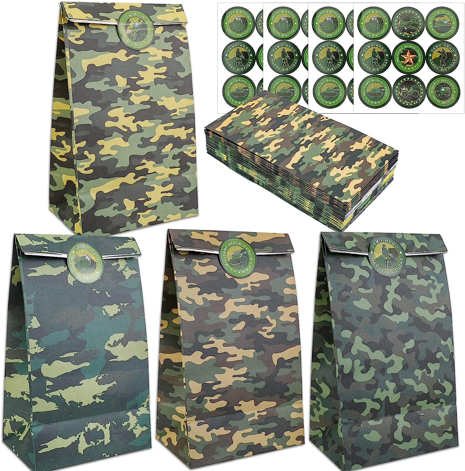 24 Pack Camouflage Treat Bags with 36 Stickers, 4 Styles Military Theme