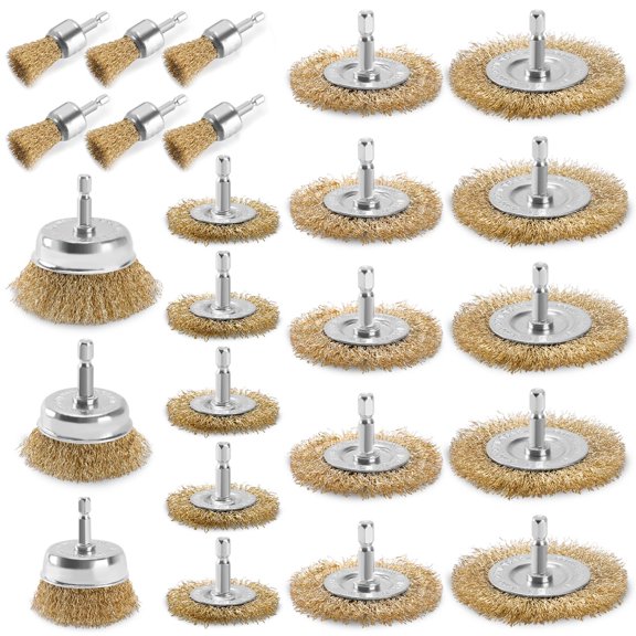 24 Pack Carbon Steel Wire Brush Set, 3 Sizes, 1/4 Inch Hex Shank, Rust Paint Removal