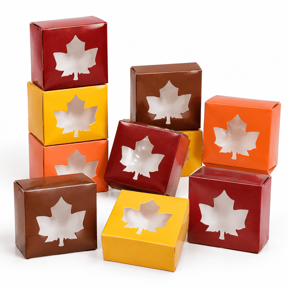 24 Pack Cardboard Gift Boxes with Maple Leaf Window, 4 Fall Colors for Thanksgiving and Parties