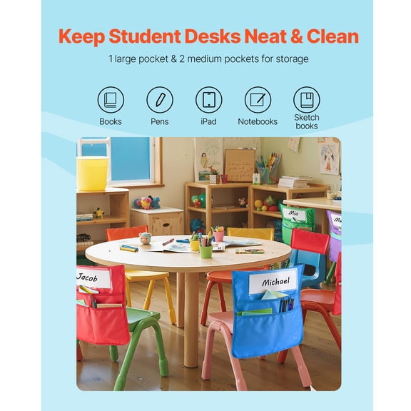 Chair Pockets for Classroom, 24 Pack, 14 x 15 Inches Chairback Buddy Pocket with Name Tag, 6 Bright Colors, Back of Chair Organizer for Kids in Classroom, Kindergarten, School, and Home