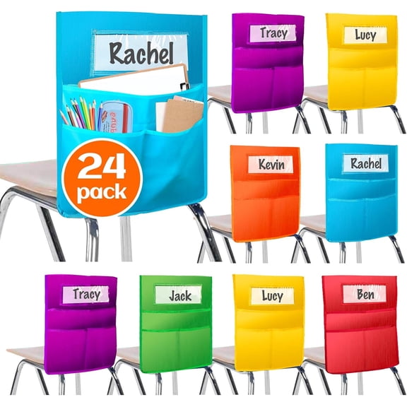 24 Pack Chairback Buddy Pocket Chart, Chair Pockets for Classrooms, Seat Pocket Chart with 3 Heavy Duty Storage Pocket, Chair Back Storage Organizer for Classroom Home Student, 16 x 20 Inch,6 Colors