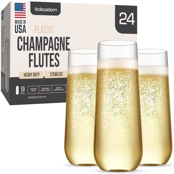 DECADORN 24 Pack Stemless Plastic Champagne Flutes Disposable Clear 9 oz, Shatterproof BPA-Free, Reusable Made In USA.