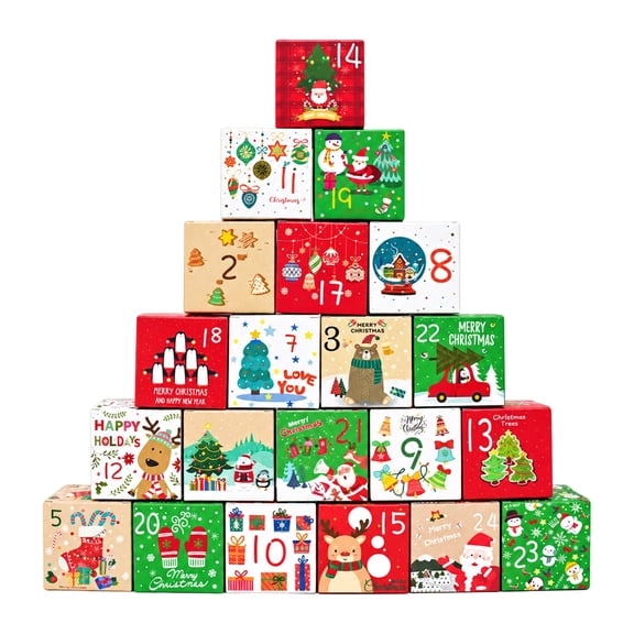 24 Pack Christmas Advent Calendar Boxes, 2.76 x 2.76 in Mixed Style Paper Countdown Gift Boxes, Christmas Candy Treat Boxes, Xmas Holiday Party Favor Boxes for Home Table Decor