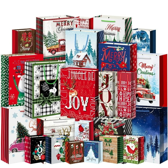 24-Pack Christmas Bags Assorted Sizes With Tags - Paper Bags With Handle, 6 Jumbo, 6 Large, 6 Medium, 4 Small, 2 Wine - for Presents, Xmas Party Favors