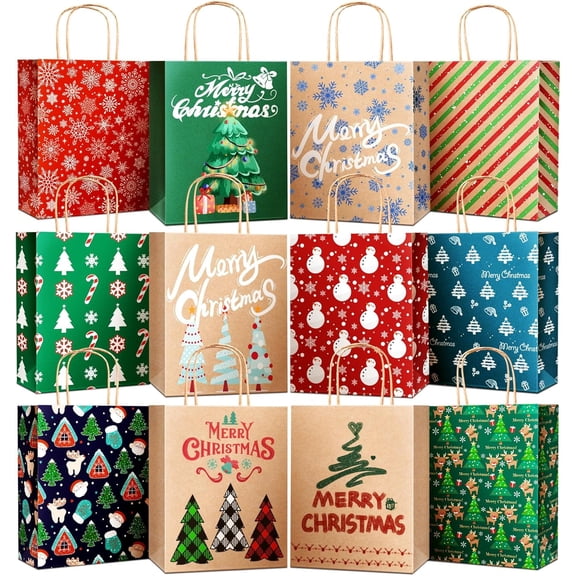 24 Pack Christmas Bags, Small Holiday Kraft Paper Bags, 12 Styles Bulk Gift Bags With Handles, Goody Bags for Xmas Party Favors