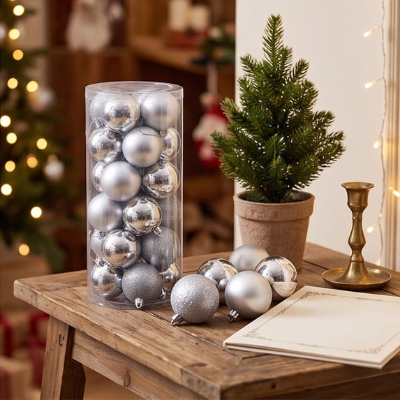 24 Pack Christmas Balls Ornaments 2.4 Inch Shatterproof Plastic Hanging Baubles Gray for Xmas Tree