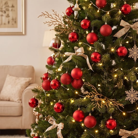 24 Pack Christmas Balls Ornaments 2.4 Inch Shatterproof Plastic Hanging Baubles Red for Xmas Tree