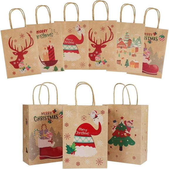 24 Pack Christmas Gift Bags - 6 Designs Kraft Paper Bags, 8.3x6.3x3.2 inches With Handles, Suitable for Holiday, Reusable Xmas Gifts