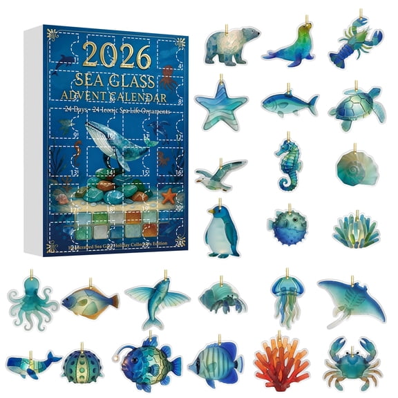 24 Pack Christmas Gifts Sea Glass Sea Life Bulk 2026 Countdown, 24Pcs 2D Acrylic Christmas Ornaments, 1.46 Inch Party Favors Goodie Bag Fillers for Kids